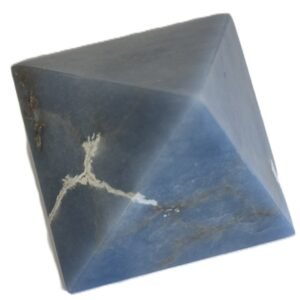 Polished natural angelite crystal pyramid 1 sians emporium Polished blue angelite four sided pyramid showing natural white veining and earthy inclusions on a white background